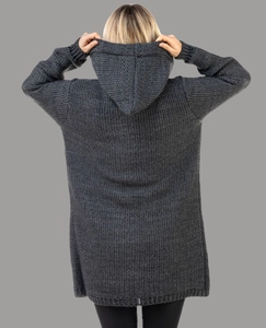 Macro detail of dark grey oversized knit hoodie cardigan showing thick ribbed texture