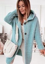Detail of light blue chunky knit cardigan with large amber buttons and hood