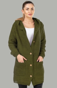 Detail of chunky knit dark green cardigan featuring vintage wooden buttons and large pockets