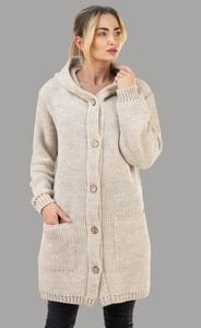 Detail of beige chunky knit hooded cardigan with wooden buttons and front pockets