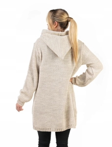 Back view of beige chunky knit hooded cardigan with textured ribbed knit details