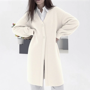 Oversized beige long knit cardigan coat with V-neck buttons and minimalist loose fit