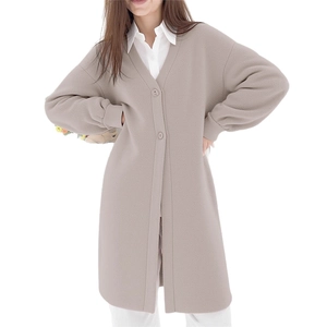 Oatmeal knit long cardigan with V-neck and lantern sleeves for an elegant autumn look