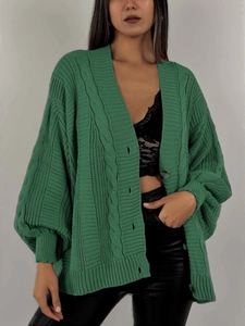 Gilet en Maille Torsadée Ample pour Femmes Col en V Boutons Manches Lanterne Manteau Mi-Long Automne Hiver Décontracté Chaud