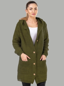 Women's dark green hooded knit cardigan with wood buttons and large front pockets