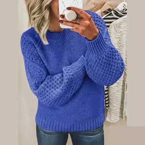 Royal blue crew neck knit sweater with puff sleeves and ribbed cuffs for women