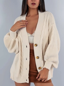 Gilet boutonné pour femme en maille torsadée blanc crème avec des manches ballon chic