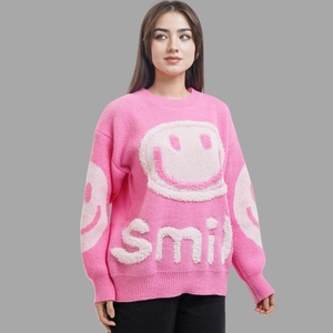 Women's Casual Oversized Smiley Face Knit Sweater Crew Neck Long Sleeve 3D Letter Embroidery Pullover Top