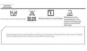 Care instructions showing hand wash symbols and ironing guides for high-neck knitwear