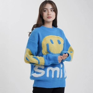 Blue oversized knit sweater with yellow 3D smile face and soft texture design