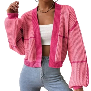 Pink striped color block knit cardigan with V-neck and puff sleeves on white background