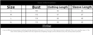 Size chart for loose knitted cardigan sweater including bust, length, and sleeve measurements