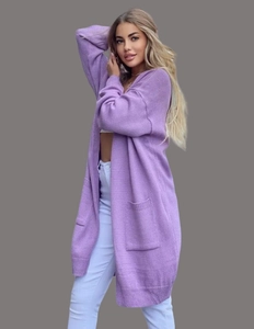 Detail of purple chunky knit cardigan with drop shoulder and large side pockets