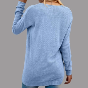 Back view of light blue long sleeve knit sweater showing soft texture and ribbed hem