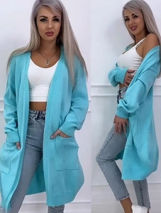 Detailed view of sky blue knit cardigan with open front design and side pockets