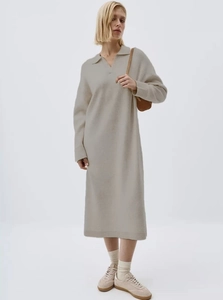 Macro detail of oatmeal knitted fabric on this polo collar maxi dress for women