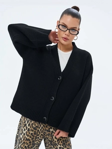 Gilet en maille noire pour femme avec col en V boutonné et poignets côtelés
