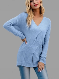 Elegant Women V Neck Cross Wrap Knit Sweater Long Sleeve Slim Fit Solid Color Acrylic Pullover Urban Commute Top