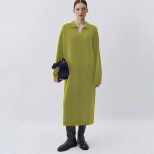 Elegant Women Polo Collar V Neck Knit Maxi Dress Long Sleeve Loose Core Spun Yarn Solid Color Casual Winter Autumn Sweater Dress