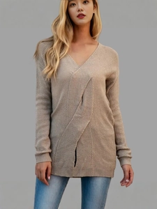 Elegant V-neck knit sweater in oatmeal color with unique cross-front overlapping design