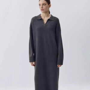 Elegant dark grey knit maxi dress with polo collar and long sleeves for women