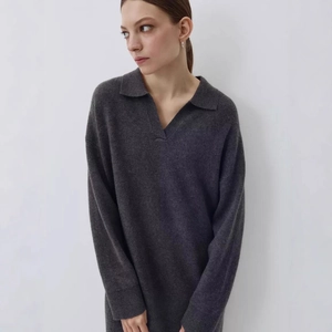 Elegant dark grey knitted maxi polo dress with V-neck collar and relaxed drop shoulder