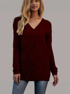 Elegant V-neck long sleeve knit sweater in deep red with cross hem design for women