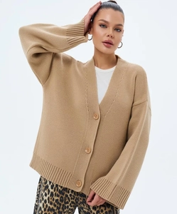 Détail du cardigan en maille camel avec col en V, gros boutons et poignets côtelés