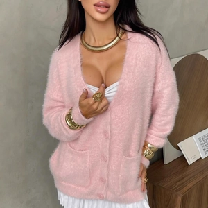 Damen Casual Nerzimitat Strickjacke V-Ausschnitt Einreihig Strickpullover Mit Taschen Locker Weich Warm Winter Top Oberbekleidung