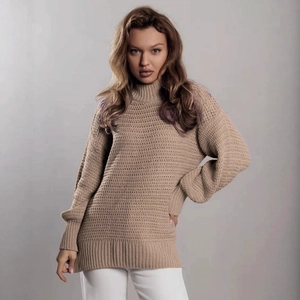Women oversized khaki knitted sweater with mock neck and long sleeves for autumn
