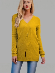Slim fit bright yellow V-neck knitted sweater with long sleeves and ribbed texture