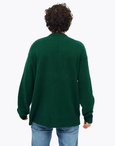 Vue arrière d'un pull en maille vert foncé oversize avec des poignets côtelés et amples