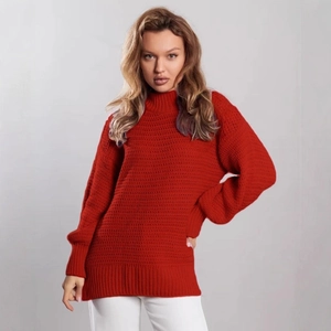 Women's bright red high-neck chunky knit sweater with ribbed cuffs and side slit hem