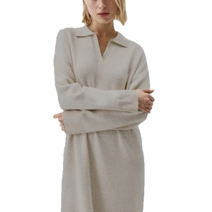 Elegant beige long-sleeved knit maxi dress with a polo collar and loose fit for women