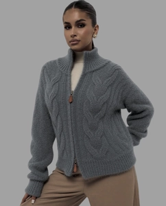 Detail of grey cable-knit alpaca cardigan with dual metal zippers and leather pull tabs