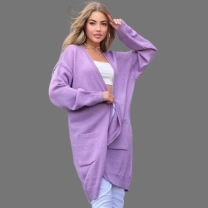 Women's Casual V-Neck Knit Cardigan Loose Mid-Length Acrylic Sweater With Pockets Open Front Long Sleeve Autumn Winter Knitwear