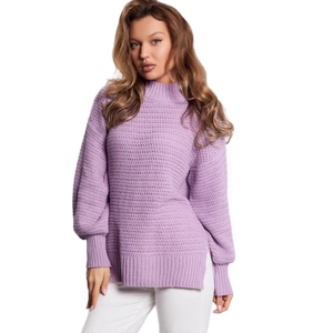 Lavender knit pullover sweater featuring lantern sleeves and side slits for women