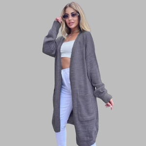 Women's dark grey long knit cardigan with V-neck, drop shoulders and deep pockets
