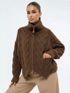 Women's alpaca wool cable knit cardigan with double zipper and high collar in brown
