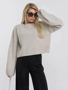 Maglione in maglia beige avena da donna, vestibilità ampia con polsini a coste e girocollo