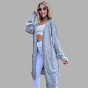 Women's casual grey long knit cardigan with large side pockets and ribbed cuffs