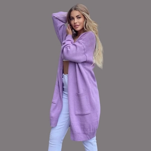 Women's light purple long knit cardigan with V-neck and pockets in a relaxed fit