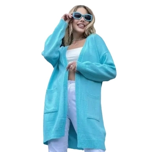 Women's light blue oversized V-neck knit cardigan with large pockets in casual style