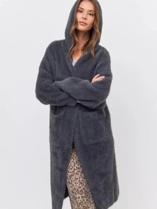 Long dark grey hooded cardigan in plush faux mink fur with a relaxed fit and deep pockets