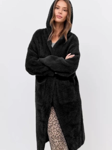 Long black hooded faux mink fur cardigan with large pockets for winter warmth