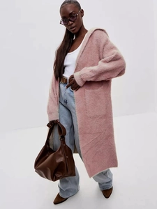 Women's long hooded cardigan in dusty rose faux mink fur with large front pockets