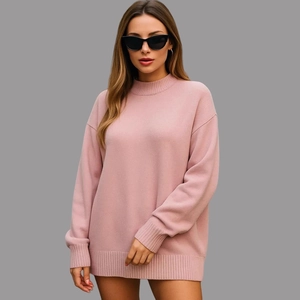 Pull en maille rose surdimensionné avec col rond et finitions côtelées pour femmes