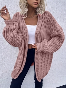 Women Loose Knit Cardigan Sweater Solid Color Lantern Sleeve V Neck Open Front Casual Oversized Knitted Outerwear