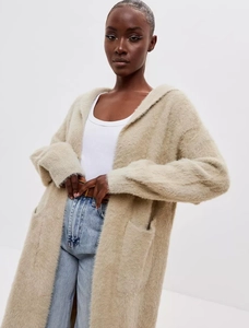 Women Casual Hooded Long Knitted Cardigan Sweater Coat Faux Mink Fur Thick Solid Color Loose Warm Outwear With Pockets
