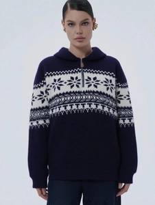 Women's navy blue Fair Isle knit sweater with half-zip hood and snowflake pattern